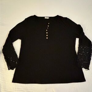 Kancystore Black Long Sleeve w lace Top V Neck Button Down Henley Shirt 2X EUC